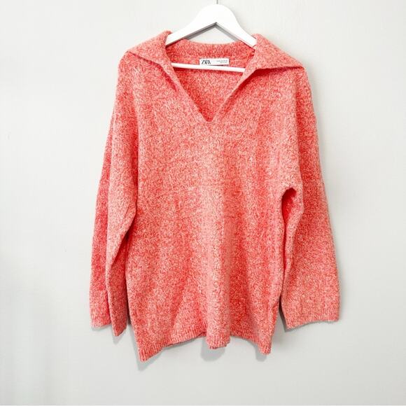 Zara knit orange sweater collared size medium polo long tunic - Picture 6 of 9
